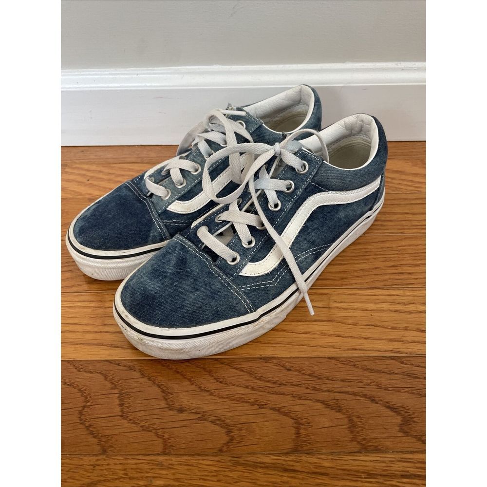 Vans Old Skool Denim Shoes Womens Sz 7 Men's 5.5 Blue White Low Top Sneakers‎